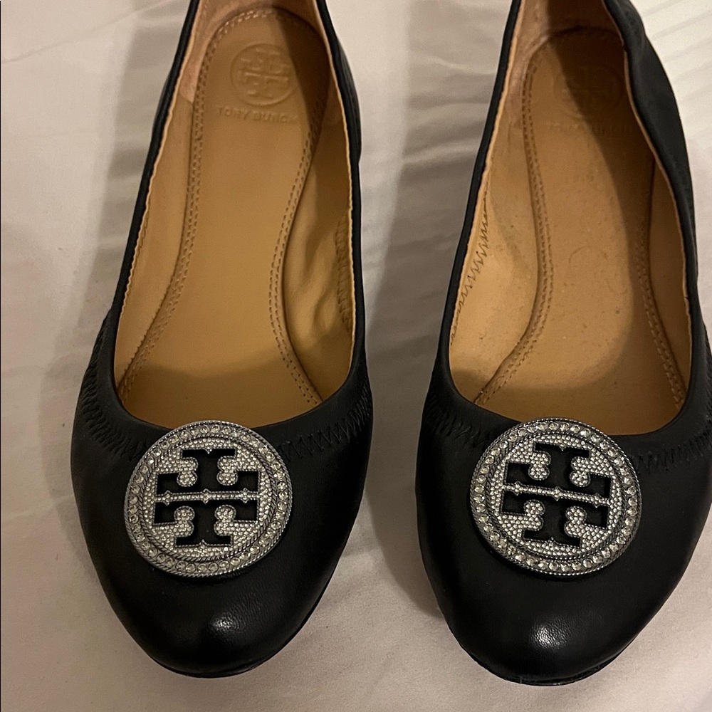 Tory Burch Black Flats with Rhinestone Emblem